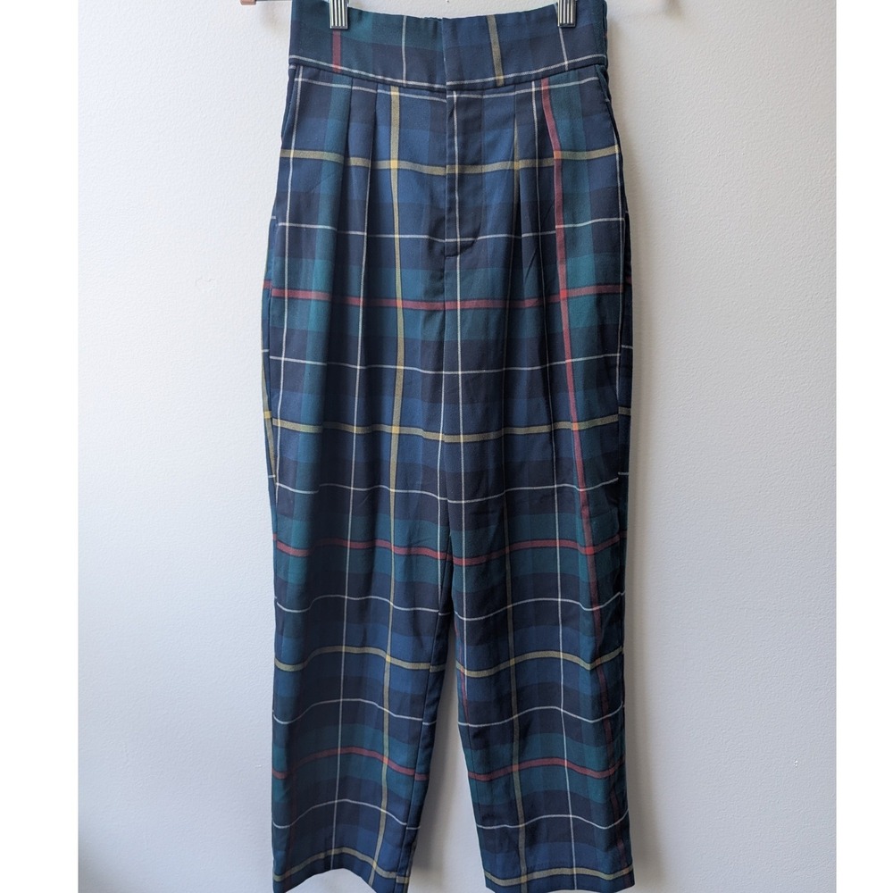 Urban Outfitters Plaid Pleated Trousers Blue Green Tartan Pants High Waist Sz S